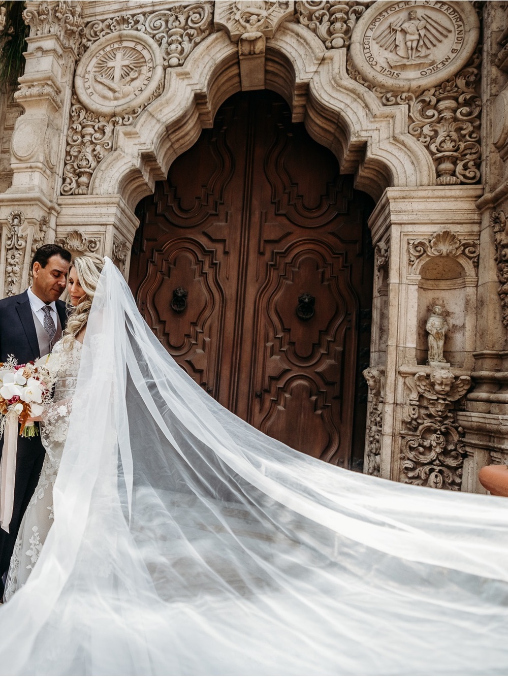 Elegant White Cathedral Length Bridal Veil with Sheer Train